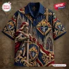 Front view of Knights of Columbus Crusader Hawaiian Shirt featuring a knight in armor and gothic cathedral graphic.