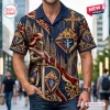 Front view of the Knights of Columbus Crusader Hawaiian Shirt featuring a knight, sword, and K of C shield emblem on blue fabric.