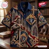 Front view of the Knights of Columbus Crusader Hawaiian Shirt with medieval knight and gothic architecture print.