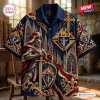 Front view of the Knights of Columbus Crusader Hawaiian Shirt featuring a knight, cathedral windows, and gold emblems.