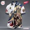 Front view of a Knights of Columbus Crusader white polo shirt with a kneeling knight and cathedral graphic.