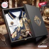 Front view of the Knights of Columbus Crusader White Polo Shirt displayed inside a black gift box.