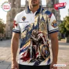 Front view of a white polo shirt featuring a kneeling knight graphic and a cathedral design.