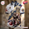 Front view of a Knights of Columbus Crusader white polo shirt with a knight graphic.
