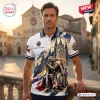 Man wearing Knights of Columbus Crusader White Polo Shirt featuring a kneeling knight graphic.
