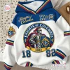 Front view of Knights of Columbus white hoodie with blue and red details and knight graphic.