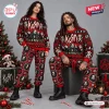 Front view of two models wearing the Korn Red 2026 Christmas Sweater and Jogger Set with festive holiday patterns.