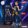 Front view of the Kpop Demon Hunters Zoey figure holding glowing purple crystal daggers next to its packaging.
