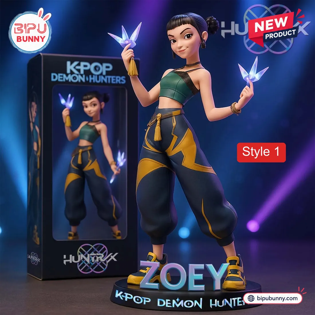 Style 1 Zoey Kpop Demon Hunters PVC figure holding twin glowing purple shin-kal spirit knives next to HUNTR/X collector box