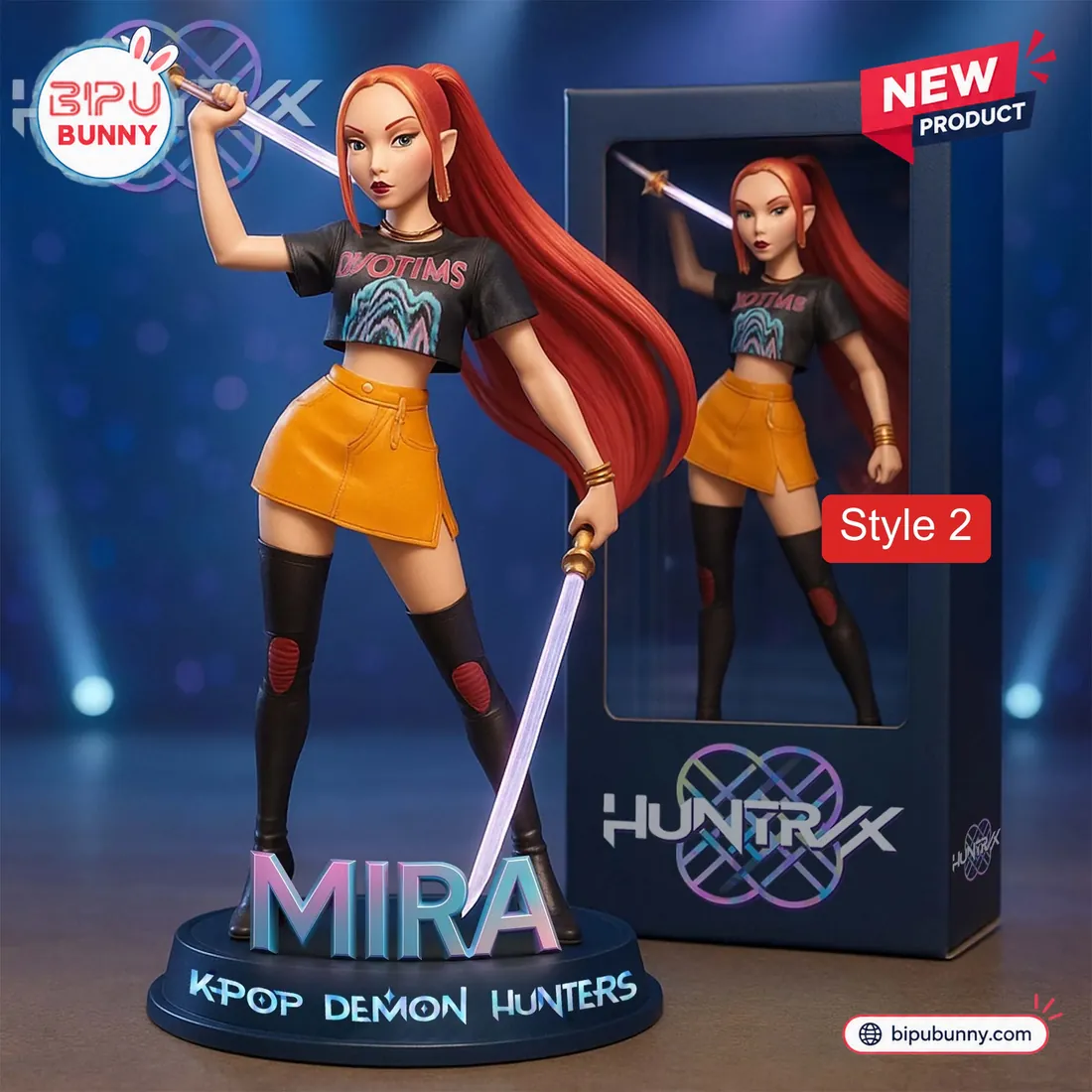 Style 2 Mira Kpop Demon Hunters PVC figure with crimson ponytail and dual glowing violet swords beside collector box