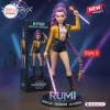 Front view of Rumi action figure with purple braid holding glowing sword next to its box.