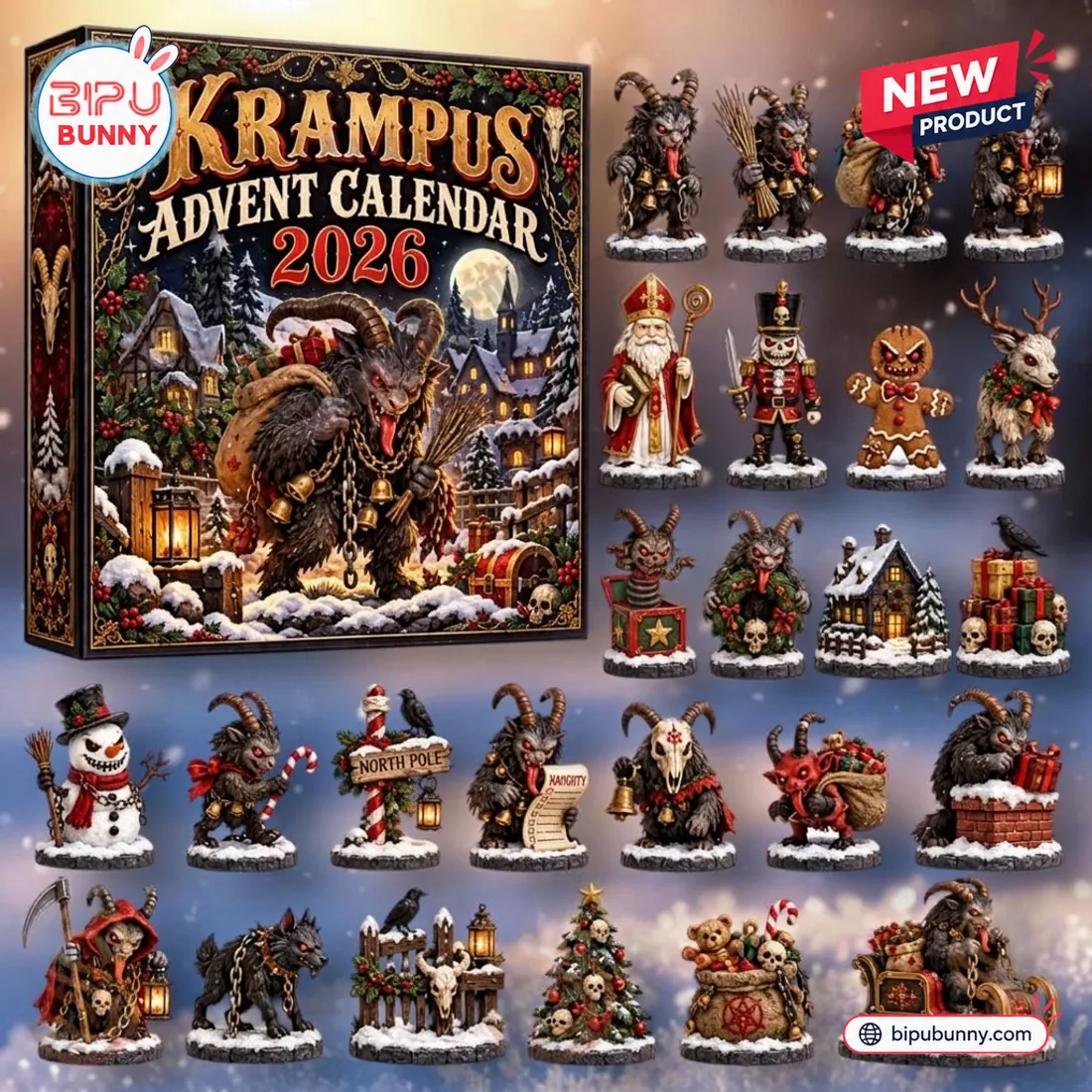 Front view of the Krampus Advent Calendar 2026 box and its twenty-four freestanding folklore figurines