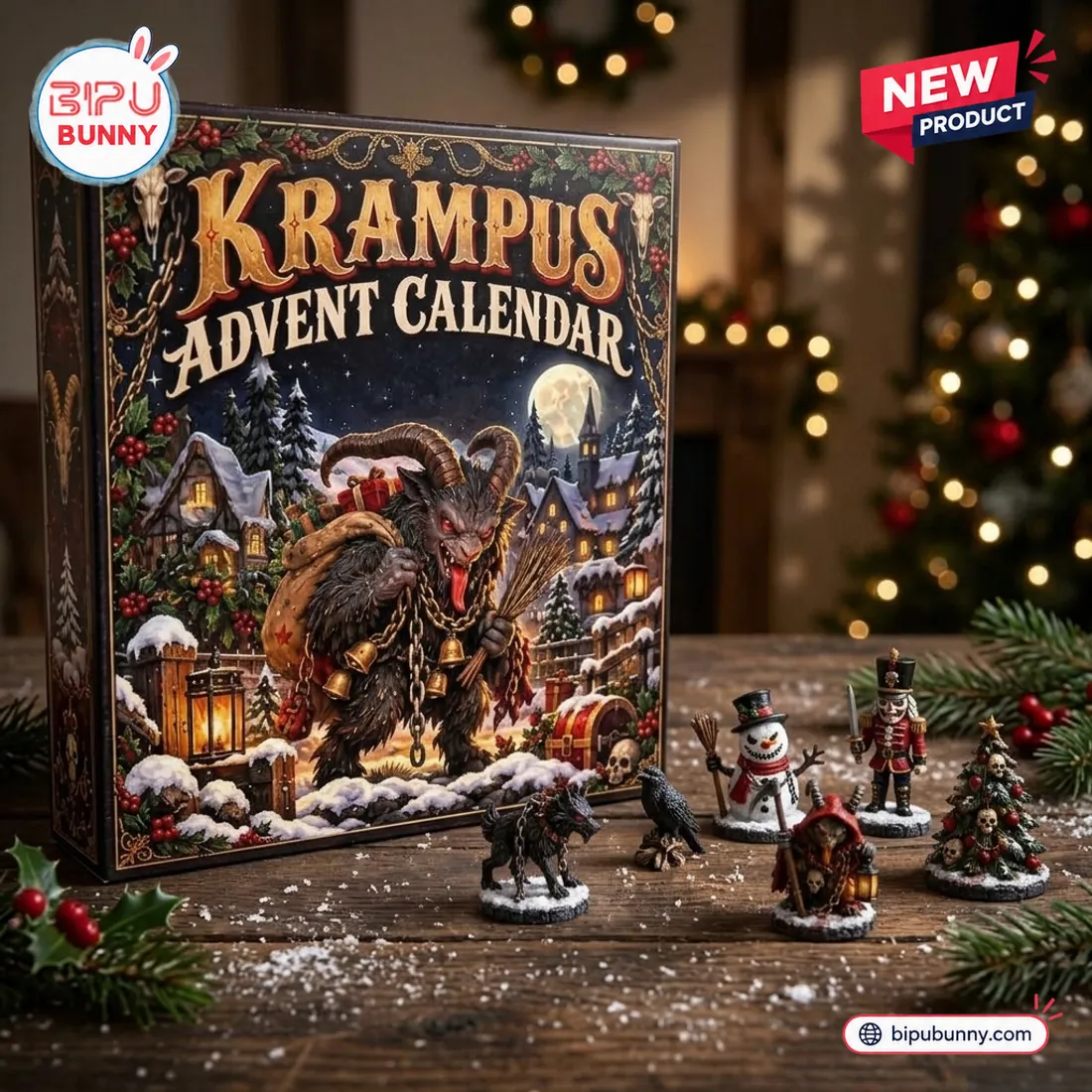Krampus Advent Calendar 2026 box staged on a wooden table with cobblestone-base village figurines