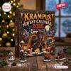 Front view of Krampus Advent Calendar 2026 box with miniature figures on wooden table.