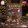 Front view of the Krampus Advent Calendar 2026 box surrounded by miniature holiday figures on a table.