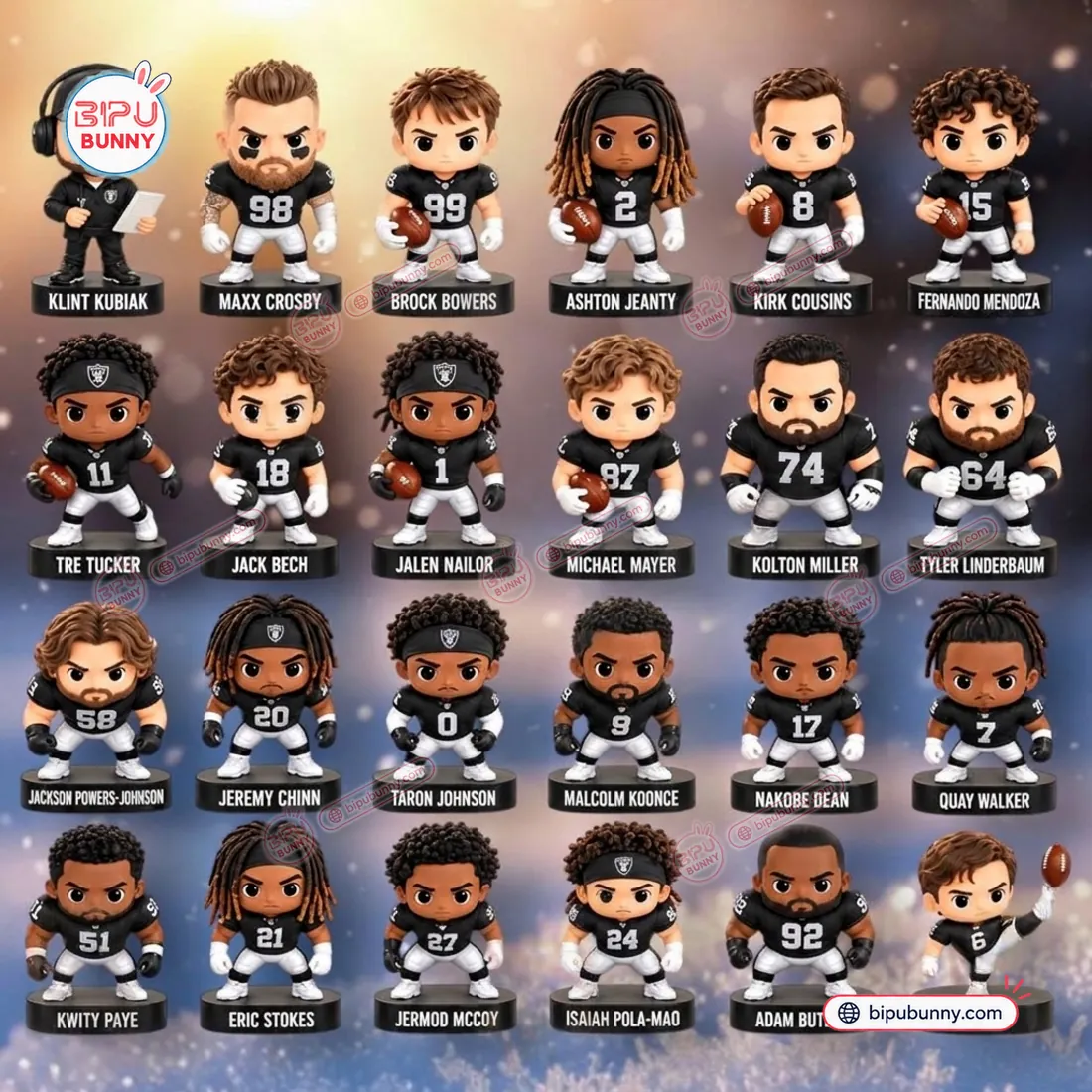 Complete 24-piece Las Vegas Raiders Advent Calendar chibi figurine roster on named black pedestals