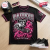 Front view of Las Vegas Raiders Breast Cancer Awareness shirt featuring pink graphics, football helmet, and ribbon.