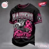 Front view of Las Vegas Raiders breast cancer awareness shirt in black with pink graphics and Fight Too text.