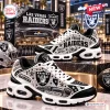 Side view of Las Vegas Raiders Custom Sport Air Max Plus Shoes with black and white graphics.