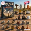 Front view of a Lineman Life Advent Calendar box alongside twenty-four miniature utility ornaments on wooden planks.