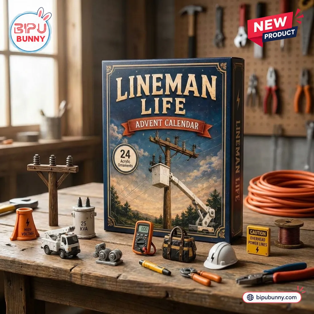 Front view of the Lineman Life Advent Calendar box on a workbench with miniature utility ornaments.