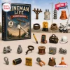 Front view of the Lineman Life Advent Calendar box alongside twenty-four miniature acrylic utility ornaments.
