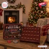 Front view of Liverpool FC Christmas Advent Calendar displayed on a wooden table with a fireplace and Christmas tree in the background.