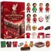 Front view of Liverpool Football Club 2026 Advent Calendar box alongside miniature figurines, footballs, trophies, and memorabilia.
