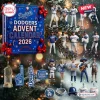 Front view of Los Angeles Dodgers 2026 Advent Calendar box alongside collectible player figurines and holiday ornaments.