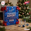 Front view of Los Angeles Dodgers 2026 Advent Calendar in blue box with red bows and figurines.
