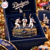 Close-up of a Los Angeles Dodgers Kirk Gibson Walk Off Home Run Ornament displayed in a blue velvet box.