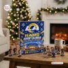 Front view of the Los Angeles Rams Advent Calendar 2026 on a wooden table with miniature figures.