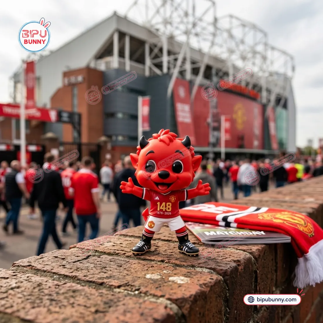 Freestanding Fred The Red 148th Anniversary vinyl figure standing on a brick wall outside Old Trafford beside a Manchester United scarf and matchday programme