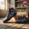 Side view of Marvel Avengers Doomsday Air Jordan 1 High Top Shoes resting on a wooden floor with comic books behind.
