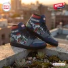 Side view of Marvel Avengers Doomsday Air Jordan 1 High Top Shoes resting on concrete.