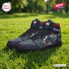 Side view of Marvel Avengers Doomsday Air Jordan 1 High Top Shoes placed on green grass.