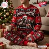 Front view of a person wearing a Megadeth Christmas Sweater And Jogger Pants Set with holiday skull graphics.