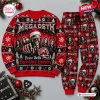 Front view of the Megadeth Christmas Sweater And Jogger Pants Set in red with festive skull graphics.
