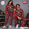 Front view of a couple wearing the Megadeth Christmas Sweater And Jogger Pants Set in red and black.