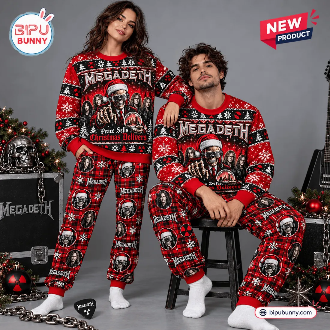 Couple wearing matching Megadeth Christmas sweater and jogger pants sets