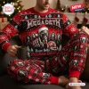 Front view of a person wearing a Megadeth Christmas Sweater And Jogger Pants Set with holiday band graphics.