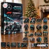 Front view of Mercedes-AMG Petronas Formula 1 Team Christmas Advent Calendar box with miniature toys arranged on a table.