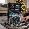 Front view of Mercedes-AMG Petronas Formula 1 Team Christmas Advent Calendar with toy cars.