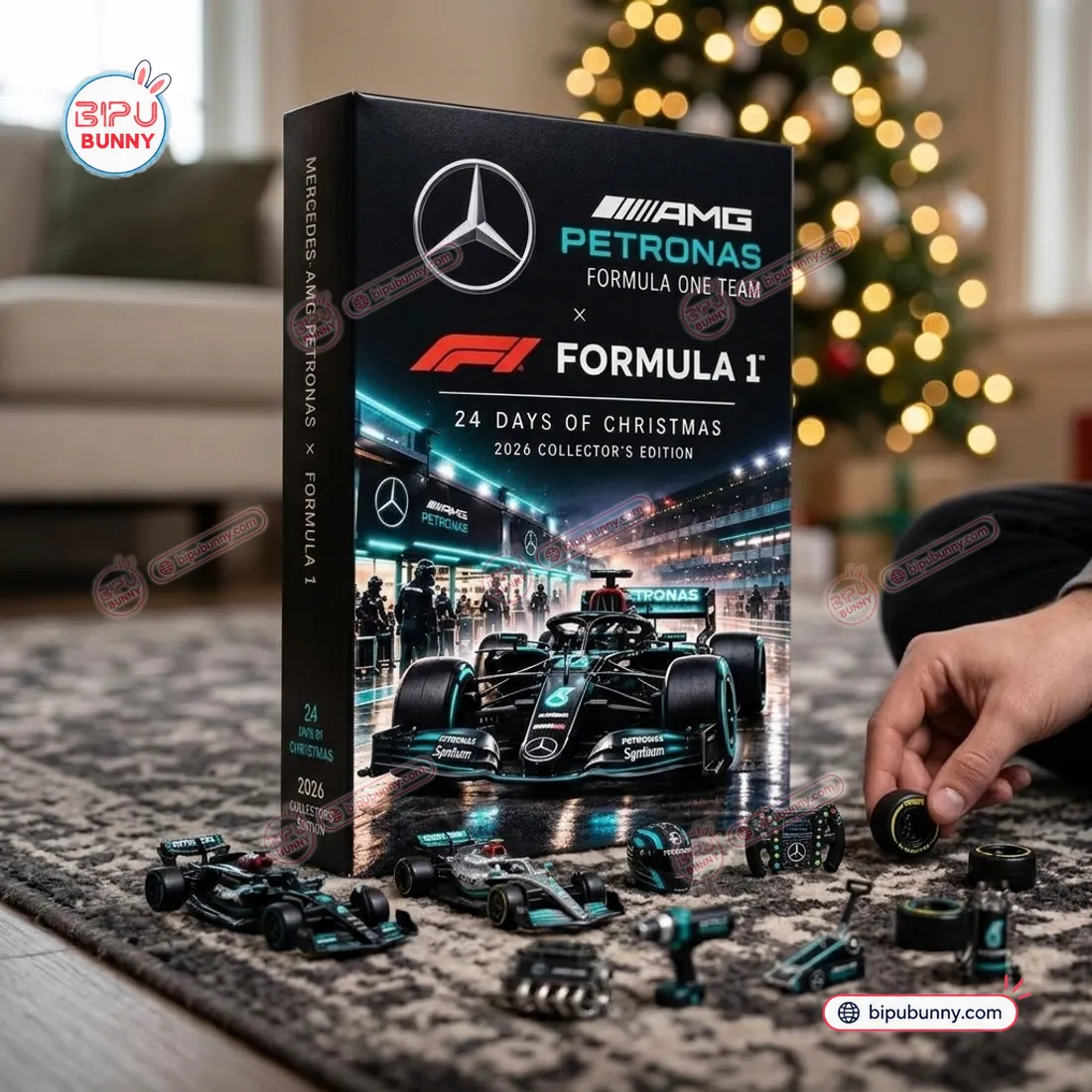 Mercedes-AMG Petronas Formula 1 Team Christmas Advent Calendar box beside freestanding 3D miniature F1 race cars, steering wheel, tire, and pit jack