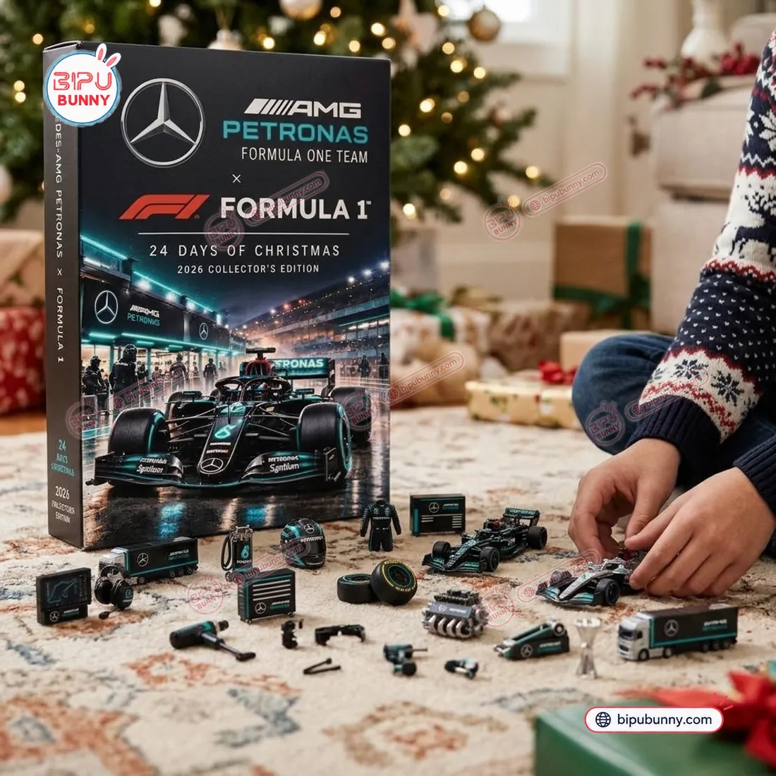 Arranging the 24 freestanding 3D Mercedes-AMG Petronas F1 miniature models, team hauler truck, and garage tools in front of the countdown box