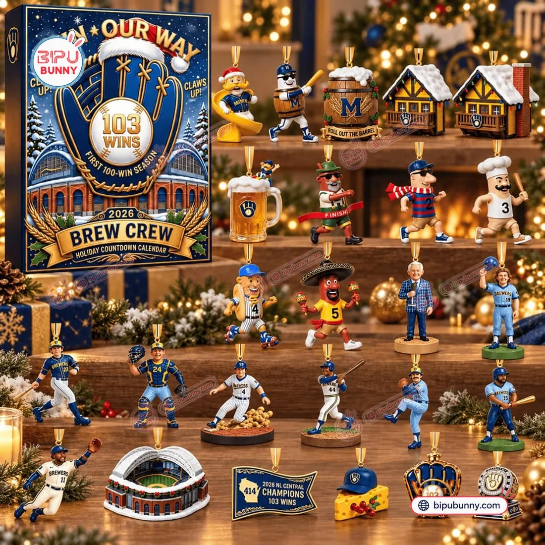 Complete 24-piece ornament lineup from the Merry Christmas 2026 Milwaukee Brewers Advent Calendar