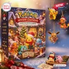 Front view of the Merry Christmas Pokémon Advent Calendar box accompanied by hanging holiday character ornaments.