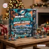 Front view of Miami Dolphins Advent Calendar with mini football figures on a wooden table.