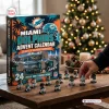 Front view of Miami Dolphins Advent Calendar with mini football player figures displayed on wooden table.