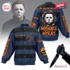 Composite view of the Michael Myers Horror Blue Varsity Jacket showing front, back, and patterned sleeve details.
